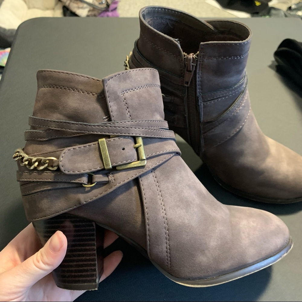 Faux suede wrap around chain link booties